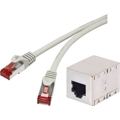 Netzwerkkabel mit roten Steckern und eine weiße Netzwerkdose, die miteinander kombinierbar sind. Geeignet für LAN-Verbindungen.