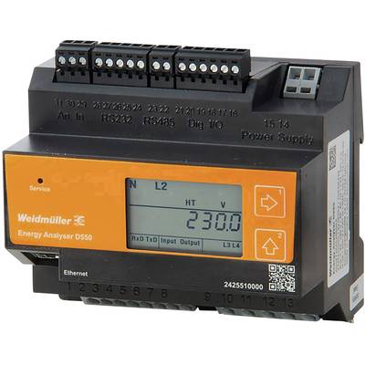 Ein Energianalysator von Weidmüller mit einem digitalen Display zeigt einen Wert von 230.0. Oben befinden sich mehrere elektrische Anschlüsse.