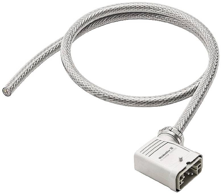 Graues, geflochtenes Kabel mit rechteckigem Stecker, seitlich abgebildet.