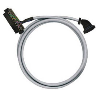 Kabel mit schwarzen Anschlüssen an beiden Enden, einer davon in L-Form. Kabel ist hellgrau und gewickelt.