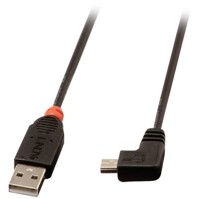 Ein USB-Kabel mit einem Standard-USB-Stecker links und einem rechtwinkligen Micro-USB-Stecker rechts.