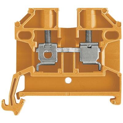 Orange Klemme für elektrische Verbindung mit Metallkontakten und Schrauben, rechteckige Form, geeignet für industrielle Anwendungen.