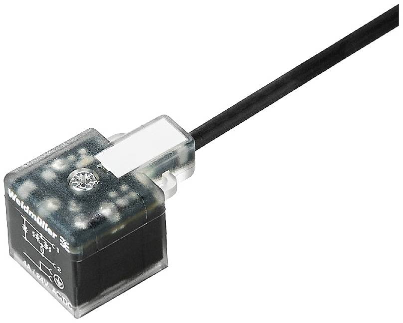 Ein transparenter elektronischer Sensor von Weidmüller mit Kabelanschluss, verwendet zur elektrischen Signalverarbeitung.