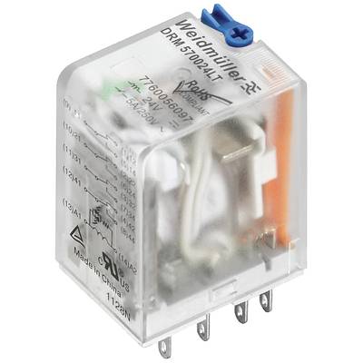 Transparente Weidmüller-Relais mit blauer Taste, Modell DRM570024LT, zeigt interne Schaltung und Spezifikationen, z.B. 24V, 5A.