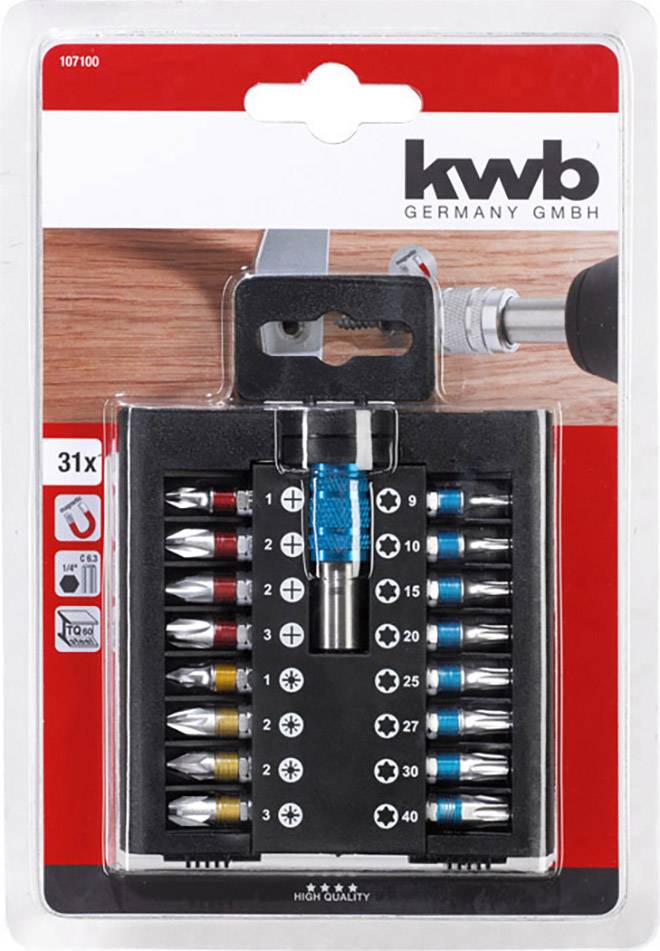 31-teiliges Bit-Set in Verpackung mit verschiedenen Schraubendreher-Bits, farblich markiert, ideal für Heimwerkerarbeiten.