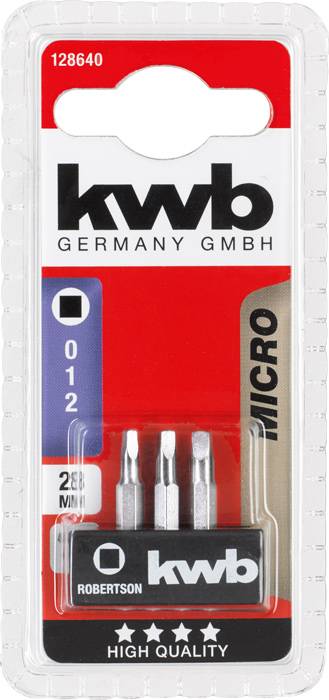 Bitsatz von 'kwb GERMANY GMBH', enthält drei Bits. Verpackung zeigt 'MICRO', 'HIGH QUALITY' und 'ROBERTSON'.