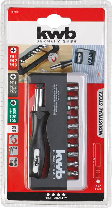 Verpackung eines kwb Schraubendreher-Sets mit verschiedenen Bits für PH, PZ und Torx, roter Hintergrund, 'INDUSTRIAL STEEL' Aufschrift.