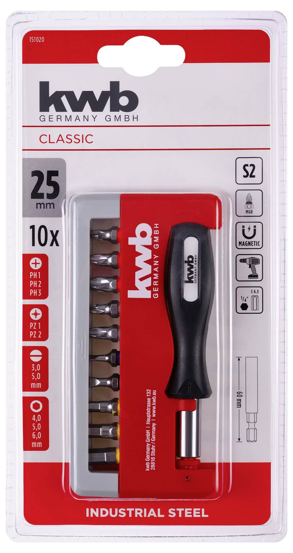 'kwb Germany GmbH Classic' Schraubendreher-Set, 25 mm, 10 Bits. Enthält Größen PH1, PH2, PZ1, PZ2 und Schlitzgrößen 3.0, 5.0 mm.