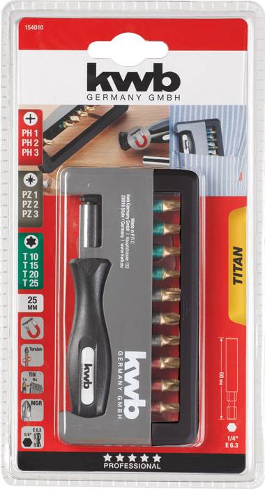 Schraubendreher-Set 'kwb', bestehend aus einem Griff und mehreren austauschbaren Bits in verschiedenen Größen und Typen. Verpackt im Blister.