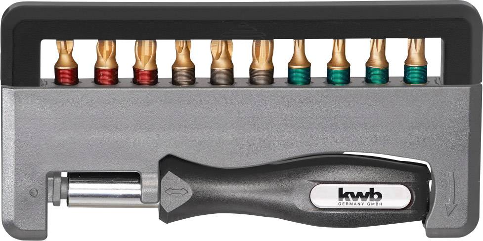 Schraubendrehersatz mit auswechselbaren Bits in verschiedenen Farben. Markenname 'kwb' auf dem Griff. Geeignet für Heimwerker.