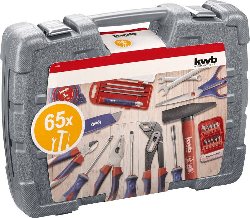 Werkzeugkoffer mit 65-teiligem Inhalt, enthalten sind u.a. Schraubendreher, Zangen und Cuttermesser, geeignet für Heimwerker.