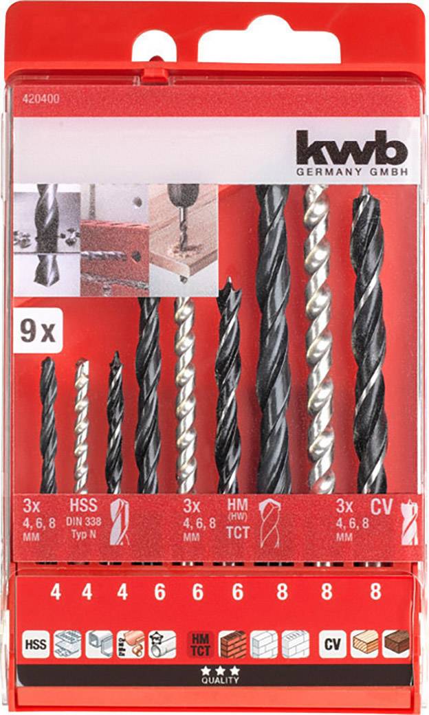 'Set mit 9 Bohrern' von kwb. Enthält verschiedene Bohrergrößen und -typen für unterschiedliche Materialien wie Holz, Metall und Beton.