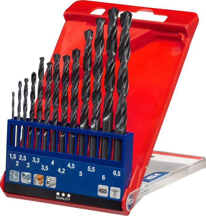 Ein Set von Metallbohrern in verschiedenen Größen von 1,5 mm bis 6,5 mm in einer roten Kunststoffbox.