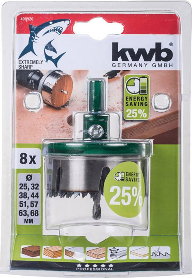 Verpackung für einen Lochsägensatz von kwb Germany GmbH. Enthält acht Größen (25-63 mm) mit 25 % Energieeinsparung. Eignet sich für Holz, Kunststoff, Aluminium.