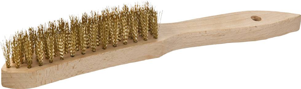Holzgriff mit Messingbürste, seitlich gesehen.