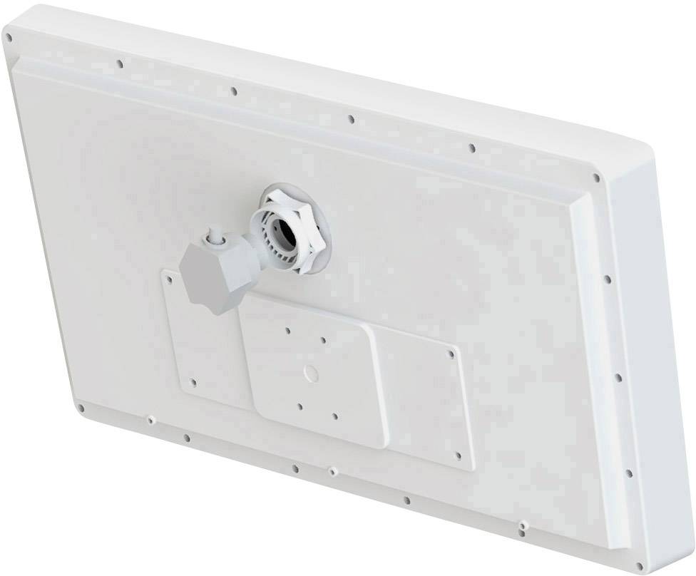 Rückansicht eines elektronischen Geräts mit Montagesockel und Anschlussbuchse in einem weißen Gehäuse, Perspektive leicht schräg.