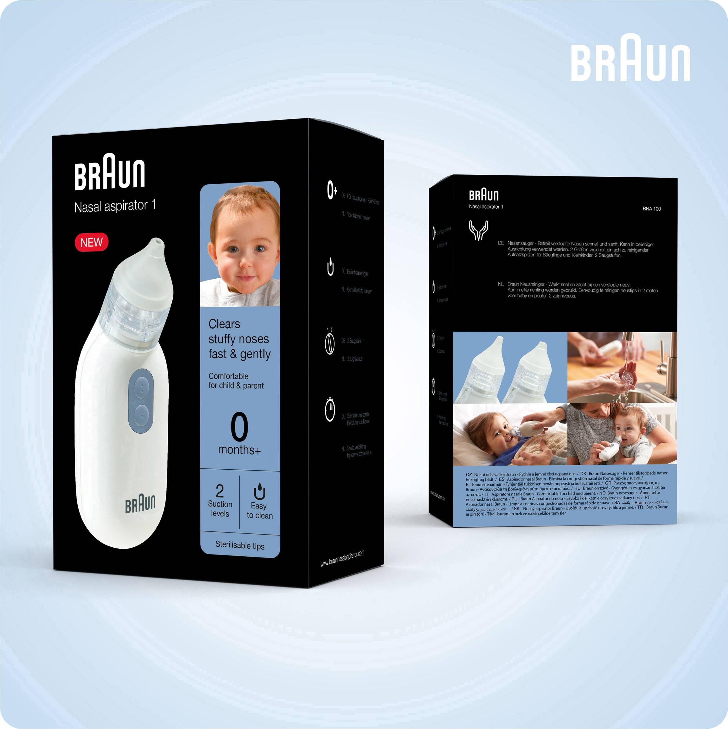 Zwei schwarze Verpackungen des Braun Nasensaugers, mit Bild eines Babys und Produktabbildung. Text: 'Clears stuffy noses fast & gently', ab 0 Monaten.