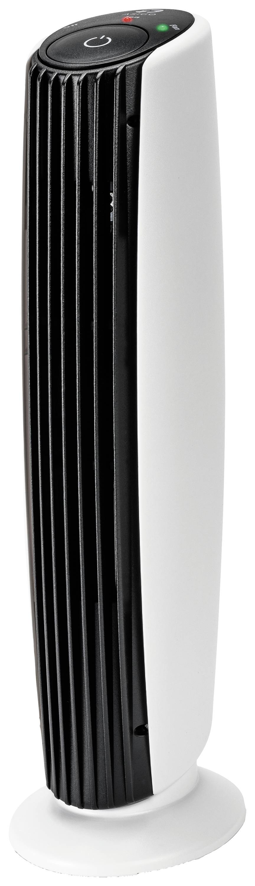 Ein weißer und schwarzer Turmventilator mit einer schlanken, vertikalen Bauweise und Bedienelementen an der Oberseite.