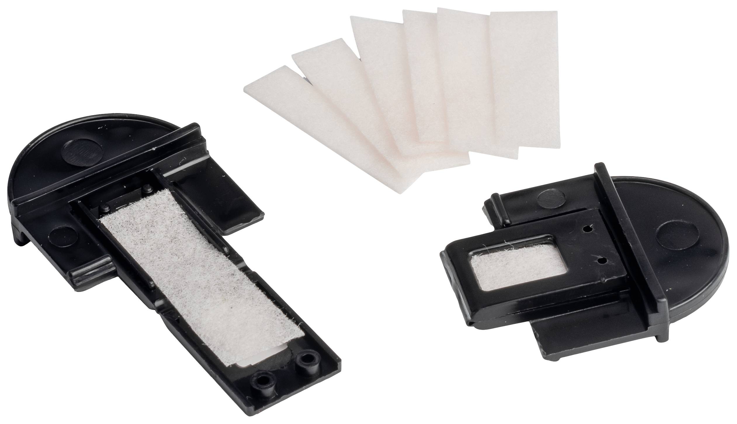 Schwarze Plastikhalter mit weißen Filtern, die für Luftreinigung oder Filterung verwendet werden können. Fünf Ersatzfilter liegen daneben.