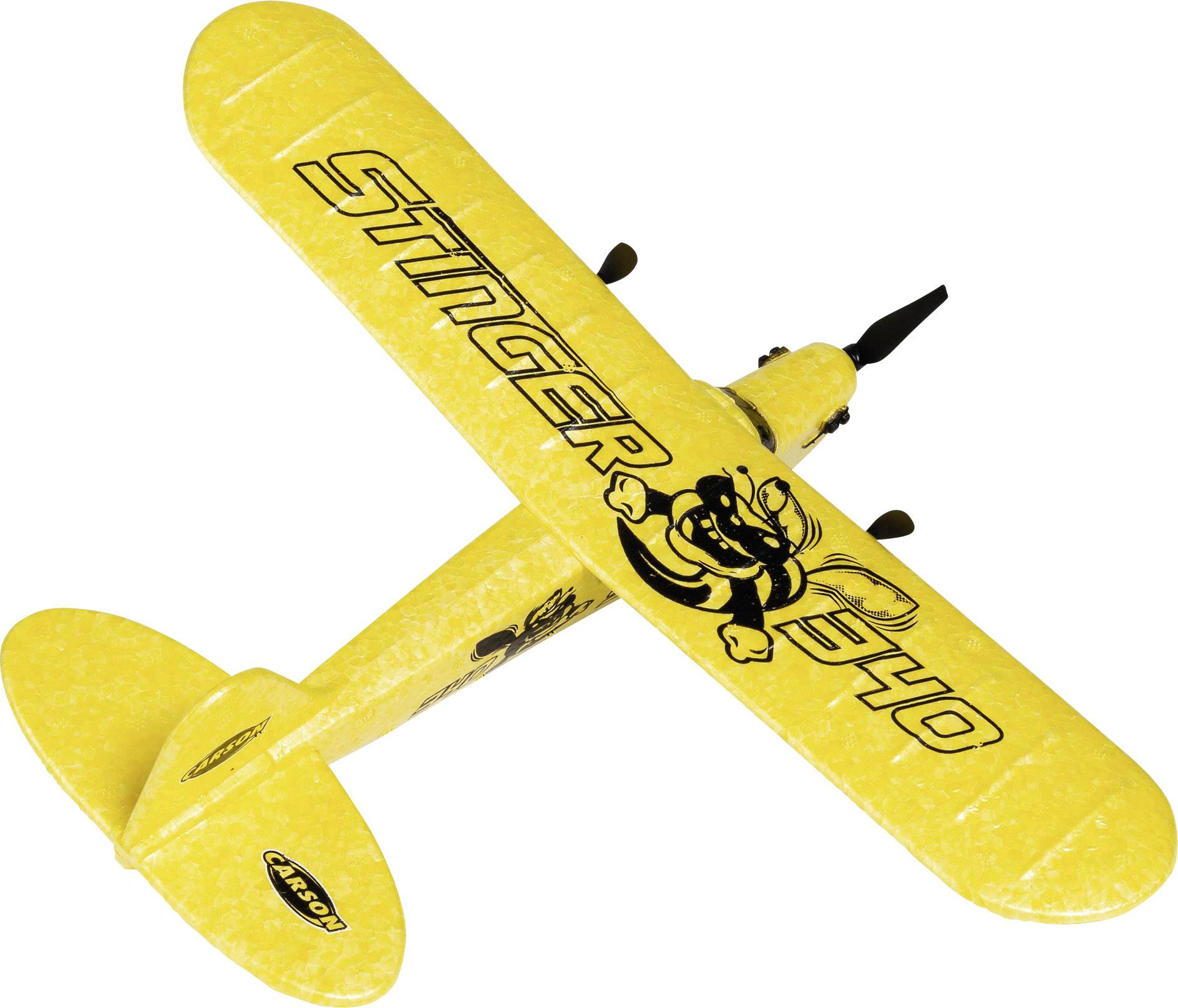 Gelbes Modellflugzeug mit der Aufschrift 'Stinger 340' auf den Flügeln.