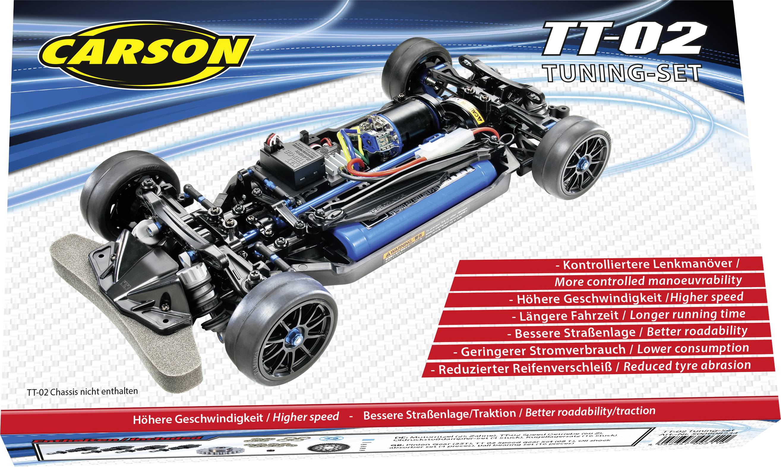 'TT-02 Tuning-Set' von Carson für ferngesteuerte Autos. Hauptmerkmale: kontrollierte Lenkung, höhere Geschwindigkeit, bessere Straßenlage.