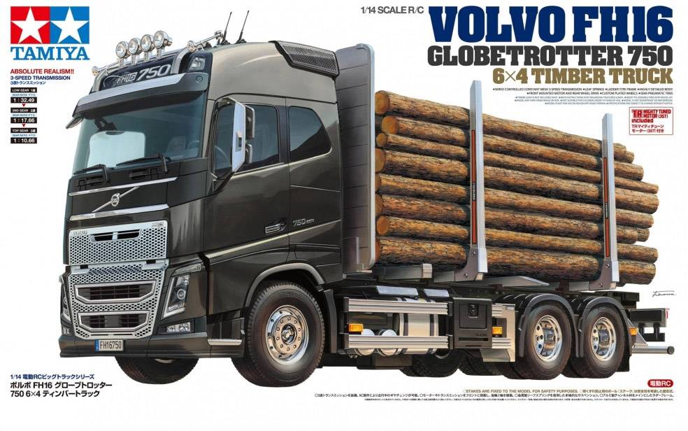 Lastkraftwagen-Modell Tamiya Volvo FH16 Globetrotter 750, Maßstab 1:14, transportiert Baumstämme.