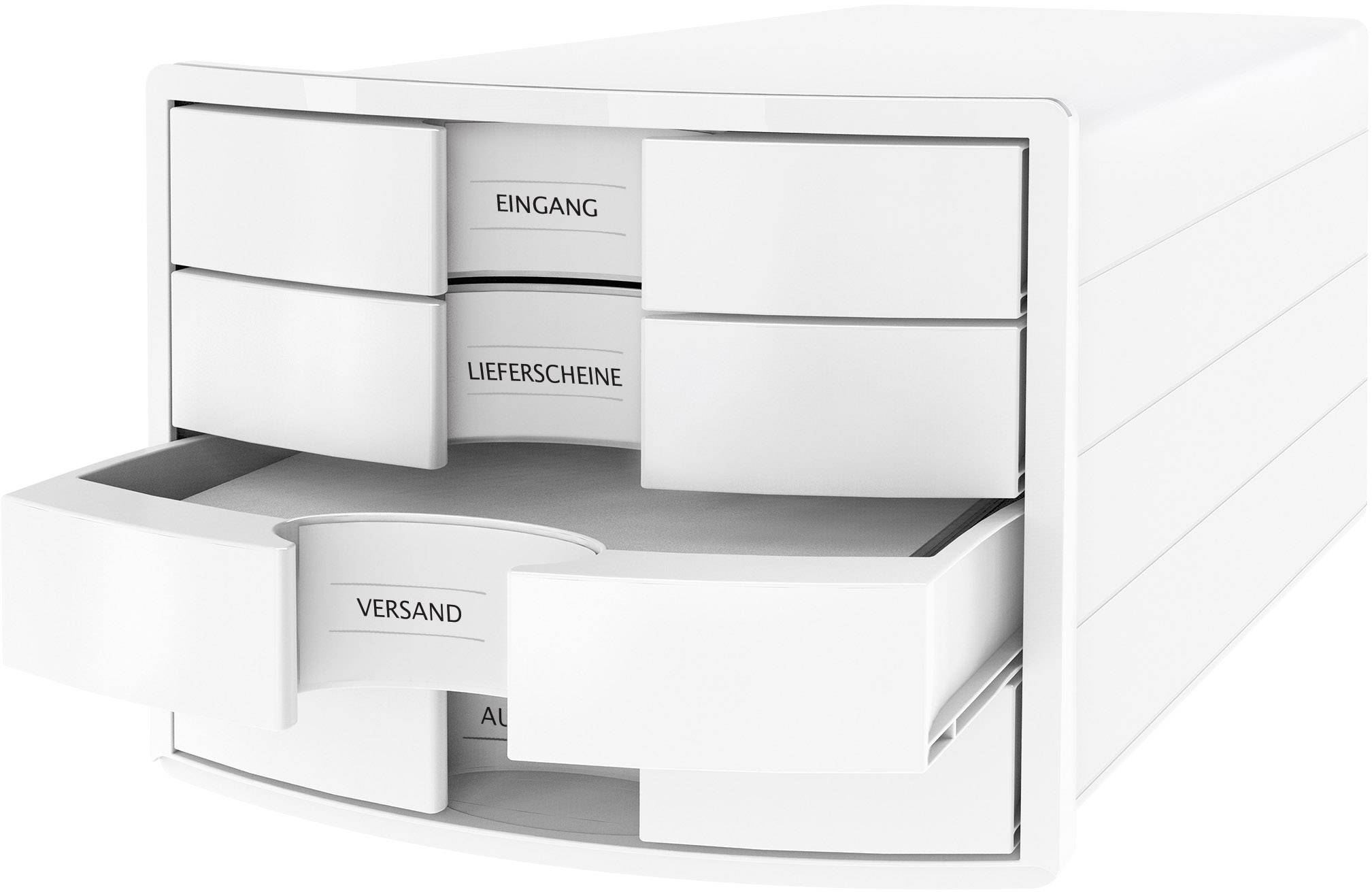 'Aufbewahrungsbox mit vier Schubladen, beschriftet mit 'Eingang', 'Lieferscheine', 'Versand' und 'Ausgang'.'
