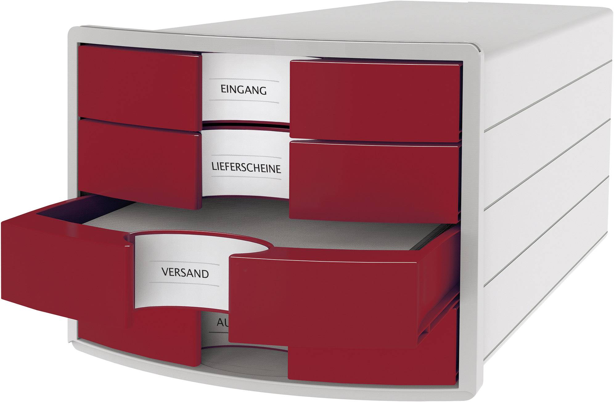 Ein weiß-roter Aktenschrank mit Halbkreisöffnungen zeigt beschriftete Schubladen: 'Eingang', 'Lieferscheine', 'Versand', 'Ausgang'.