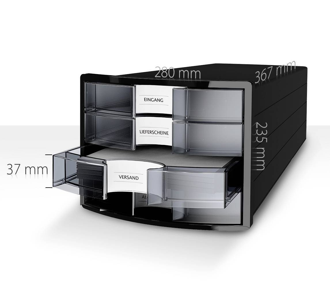 'Schwarzer Desktop-Organizer aus Kunststoff mit vier Fächern, gekennzeichnet als Eingang, Lieferscheine, Versand. Maße: 280 mm x 367 mm x 235 mm.'