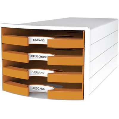 Ein weißer, vierstöckiger Dokumentenhalter mit orangenen Fächern, beschriftet mit 'Eingang', 'Lieferscheine', 'Versand' und 'Ausgang'.