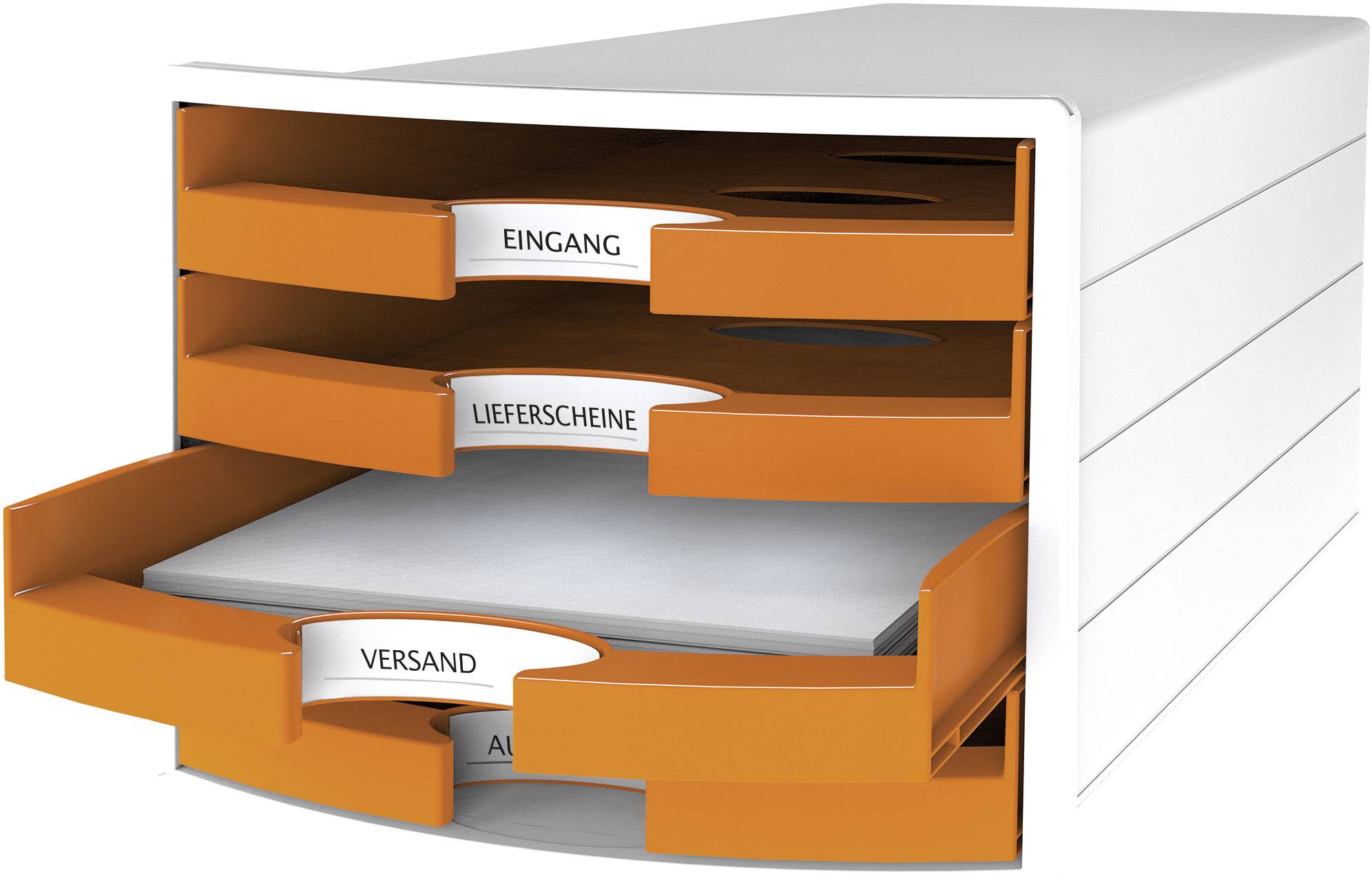 Ein weißer Schubladen-Organizer mit drei Fächern, beschriftet mit 'Eingang', 'Lieferscheine' und 'Versand'. Die Schubladen sind orange.