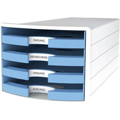 Ein weißes Ablagesystem mit vier blauen Schubladen, beschriftet mit 'Eingang', 'Lieferscheine', 'Versand' und 'Ausgang'.