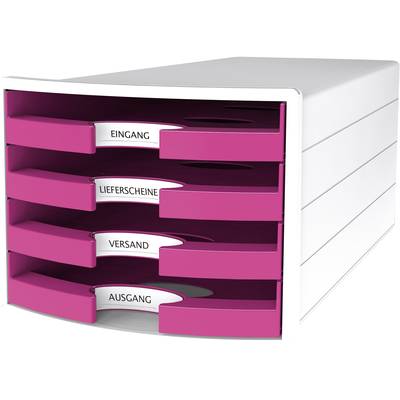 Weiße Schubladenbox mit vier pinken Schubladen, die mit 'Eingang', 'Lieferscheine', 'Versand' und 'Ausgang' beschriftet sind.