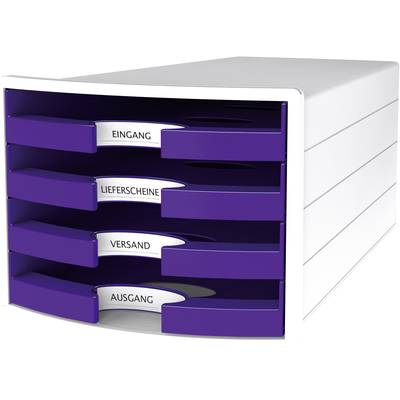 Weiße Ablagebox mit vier lila Schubladen, beschriftet mit 'Eingang', 'Lieferscheine', 'Versand', 'Ausgang'.
