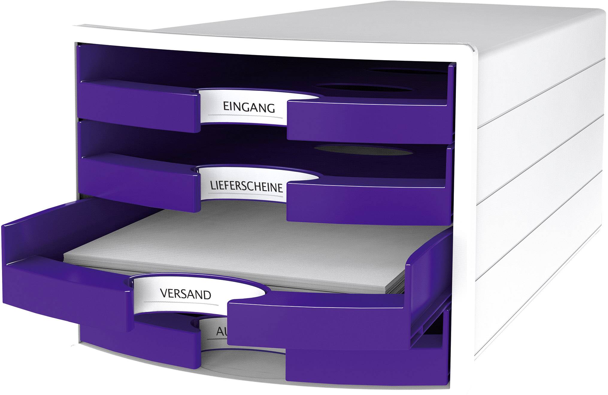 Lila Schubladenbox mit vier Schubladen, beschriftet: 'Eingang', 'Lieferscheine', 'Versand', 'Ausgang'. Eine Schublade offen.
