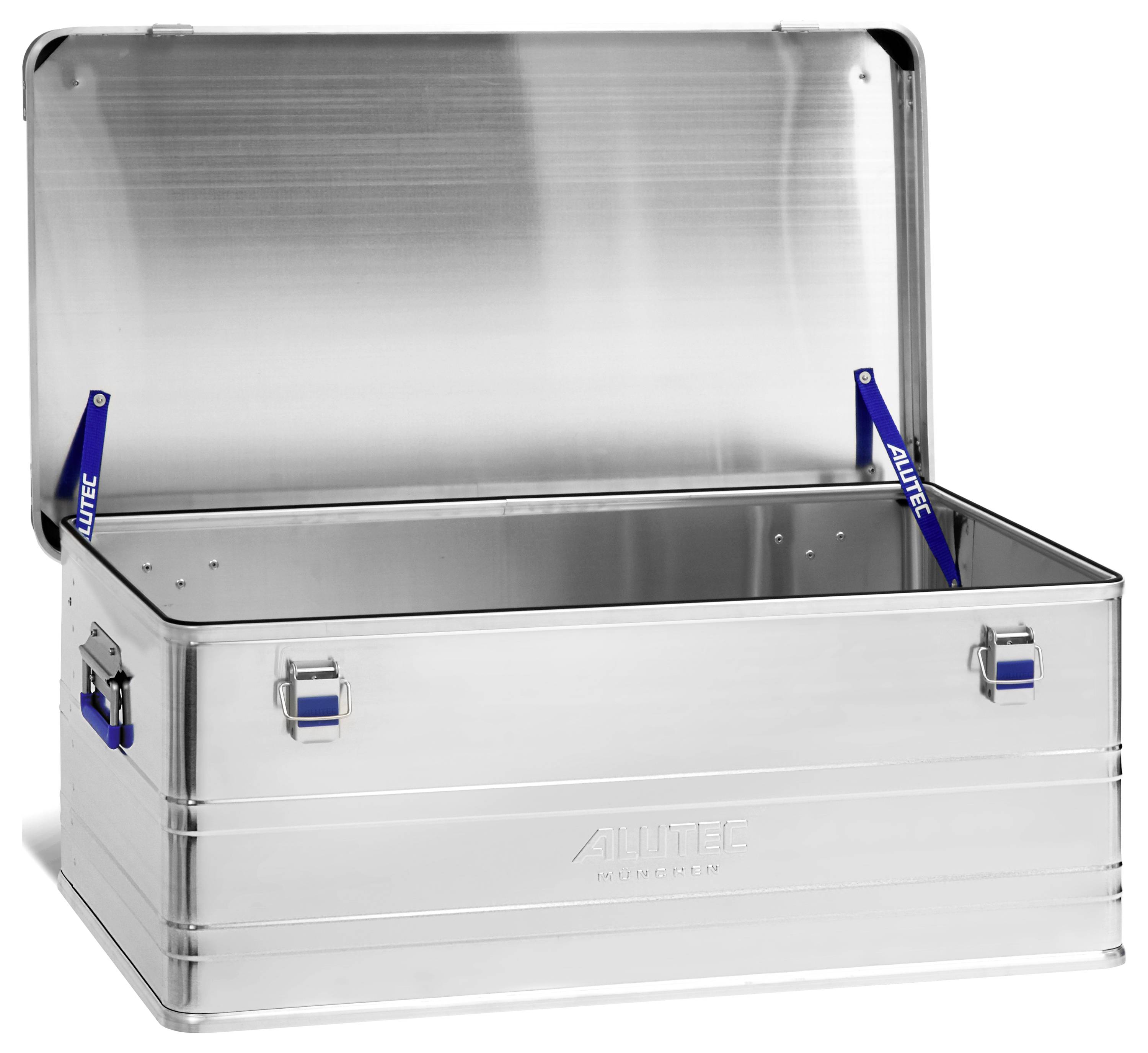 Offene Silber-Metalllagertruhe mit blauen Griffen und Deckelstützscharnieren.