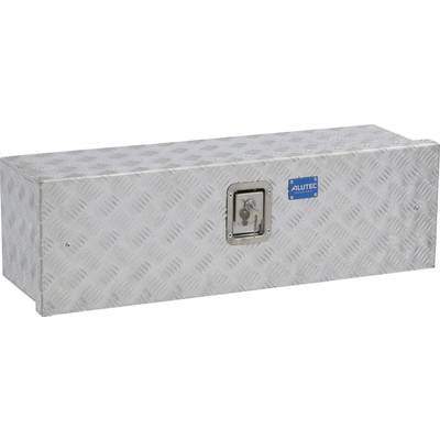 Aluminium-Transportbox mit Rautenmuster. Rechteckige Form, silbrige Farbe, mit mittig platziertem Schloss, geeignet für Lagerung.