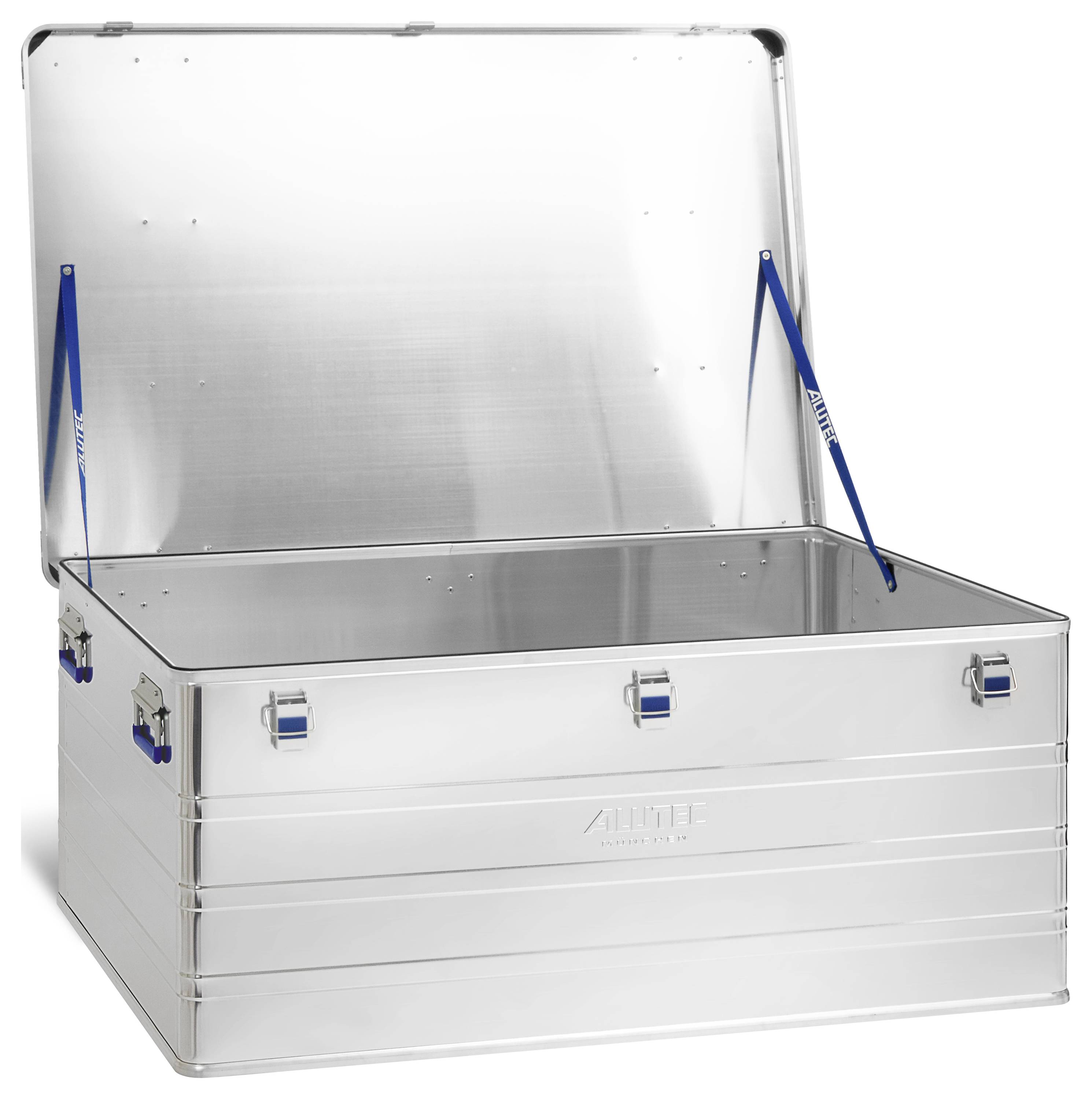 Eine offene Aluminium-Lagerkiste mit blauen Griffen und Verstärkungen an Deckeln und Ecken, entwickelt für sichere und langlebige Lagerlösungen.