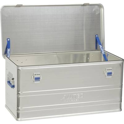 Metallische Aufbewahrungsbox mit offenem Deckel, blauen Hebeln und dem Schriftzug 'ALUTEC'. Ideal für Lagerung und Transport.