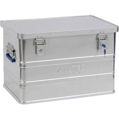 Eine silberne, robuste Alubox mit Verschlüssen und seitlichen Griffen, geeignet für Transport und Lagerung.