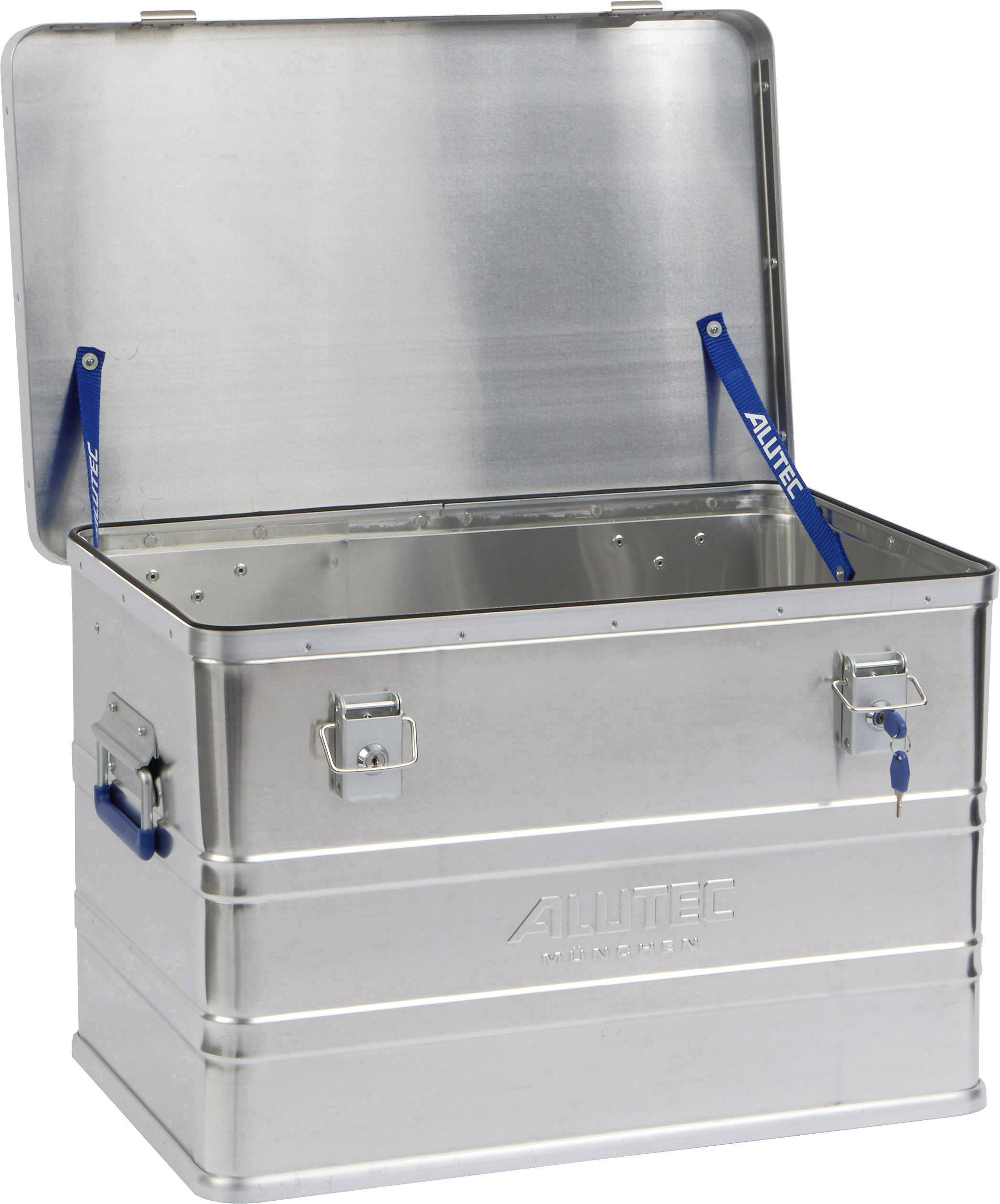 Geöffnete Aluminiumbox mit zwei blauen Scharnieren, geeignet für Transport oder Lagerung. Box hat Metallverschlüsse und Griff.