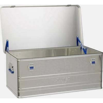 Geöffneter Aluminium-Aufbewahrungskoffer mit blauen Scharnieren und Griffen, geeignet zur Sicherung von Werkzeugen oder Ausrüstung.