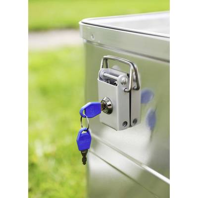Silberner Metallkasten mit einem blauen Schlüssel im Schloss vor grünem Hintergrund. Der Schlüsseldienst zeigt Schließmöglichkeiten.