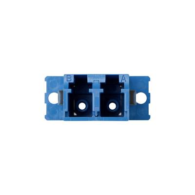 Blauer SC-Adapter mit zwei Ports, beschriftet mit 'A' und 'B'. Verbindet Glasfaserkabel in Netzwerkinstallationen.