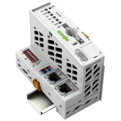 Ein weißes, industrielles Steuerungsmodul mit mehreren Anschlussstellen, zwei Ethernet-Ports und einem DIP-Schalter, montierbar auf einer Schiene.