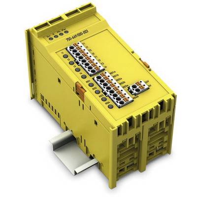 Gelbes elektronisches Modul mit mehreren Steckplätzen und Anschlüssen, wahrscheinlich Teil eines industriellen Steuerungssystems.