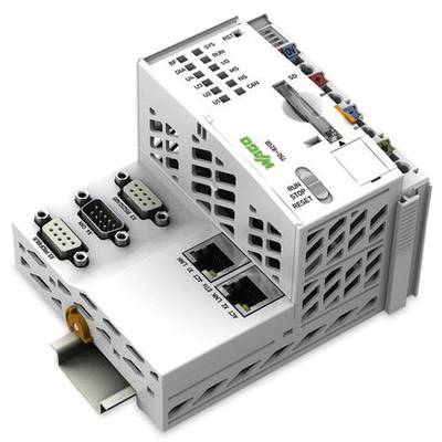 Automatisierungsmodul mit verschiedenen Anschlüssen, darunter zwei Ethernet- und drei serielle Ports, auf einer DIN-Schiene montierbar.