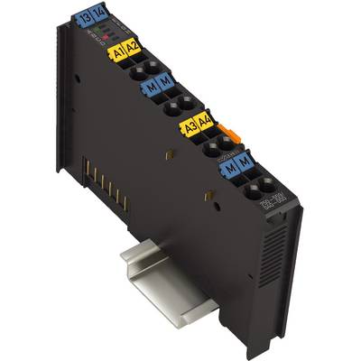 Elektronisches Modul mit mehreren Anschlüssen und farbcodierten Etiketten für Anschlussidentifikation, auf Hutschiene montiert.