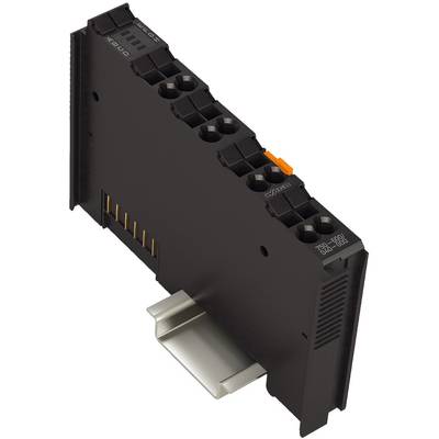 Elektronikmodul mit mehreren Anschlussklemmen, montiert auf einer DIN-Schiene, Ansicht von oben.