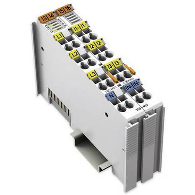 Klemmeinheit mit mehreren farbcodierten Anschlussklemmen, nummeriert von 1 bis 16, für elektronische Schaltkreise.